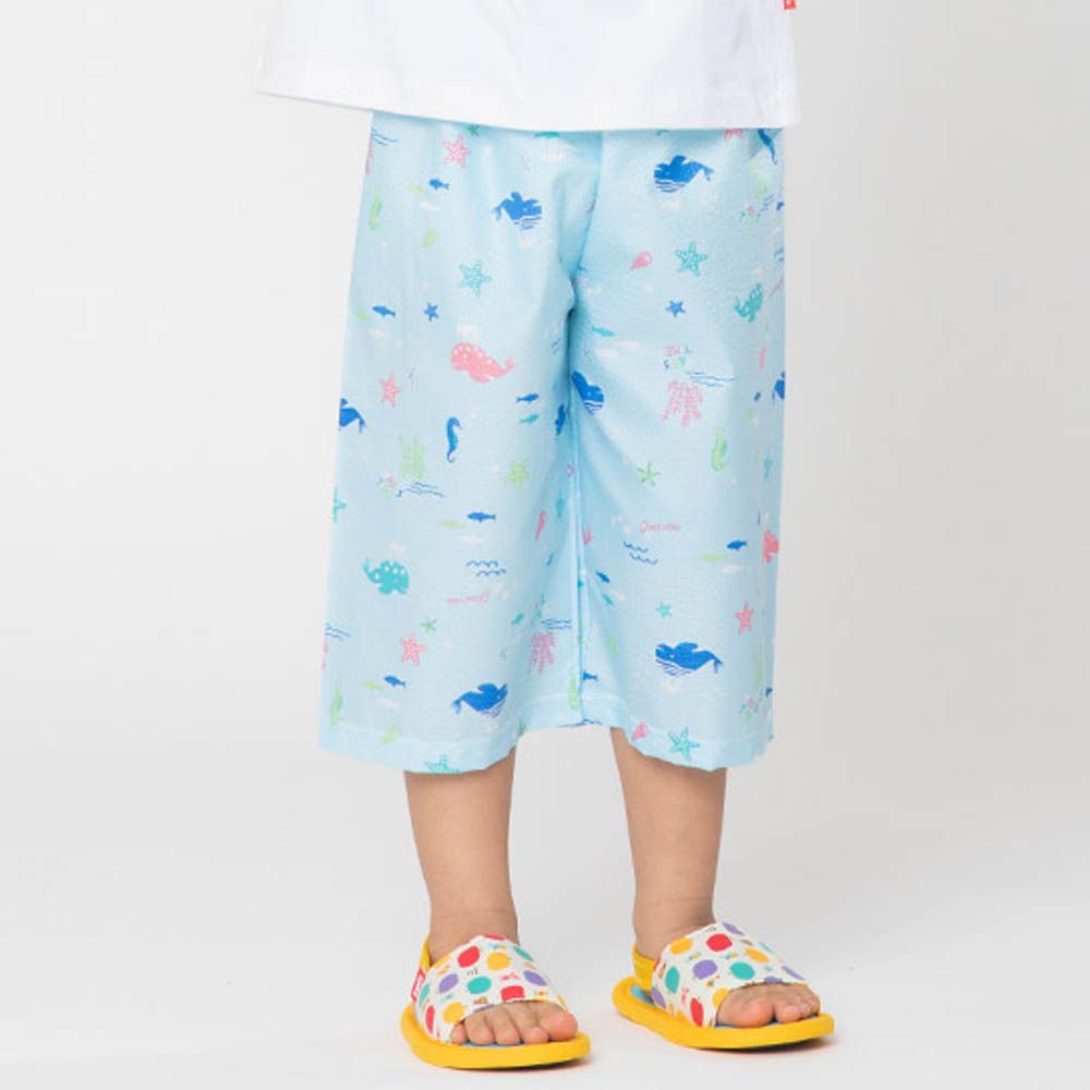 鬆緊腰輕便透氣七分家居褲-海底世界-天藍