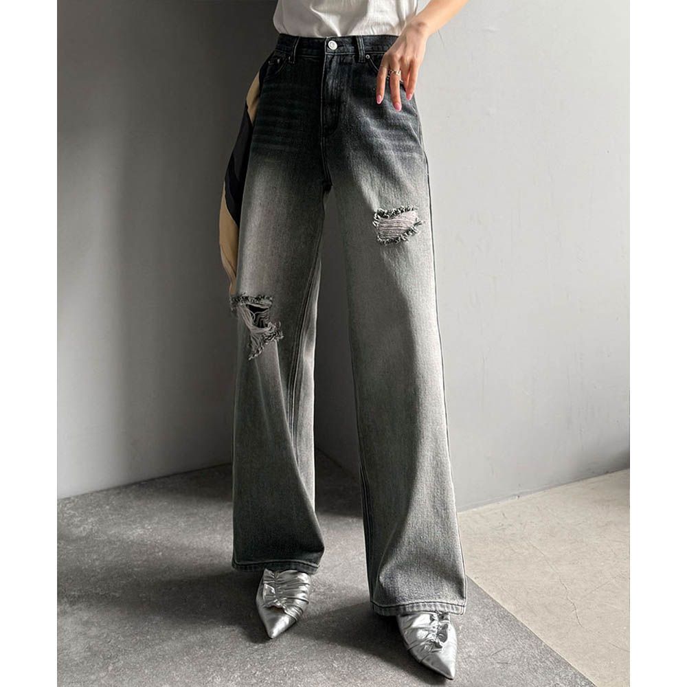 Java 率性有型刷破寬版丹寧褲-漂白黑