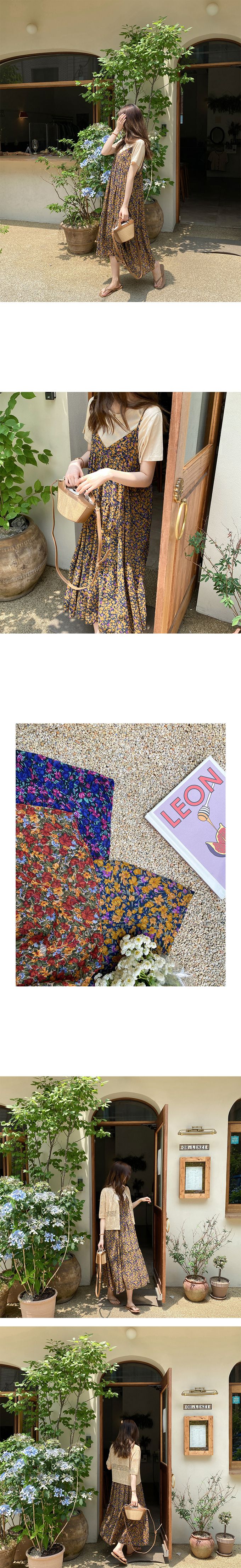 韓國女裝代購 - 復古花漾細肩帶連身洋裝-黃紫 (FREE)