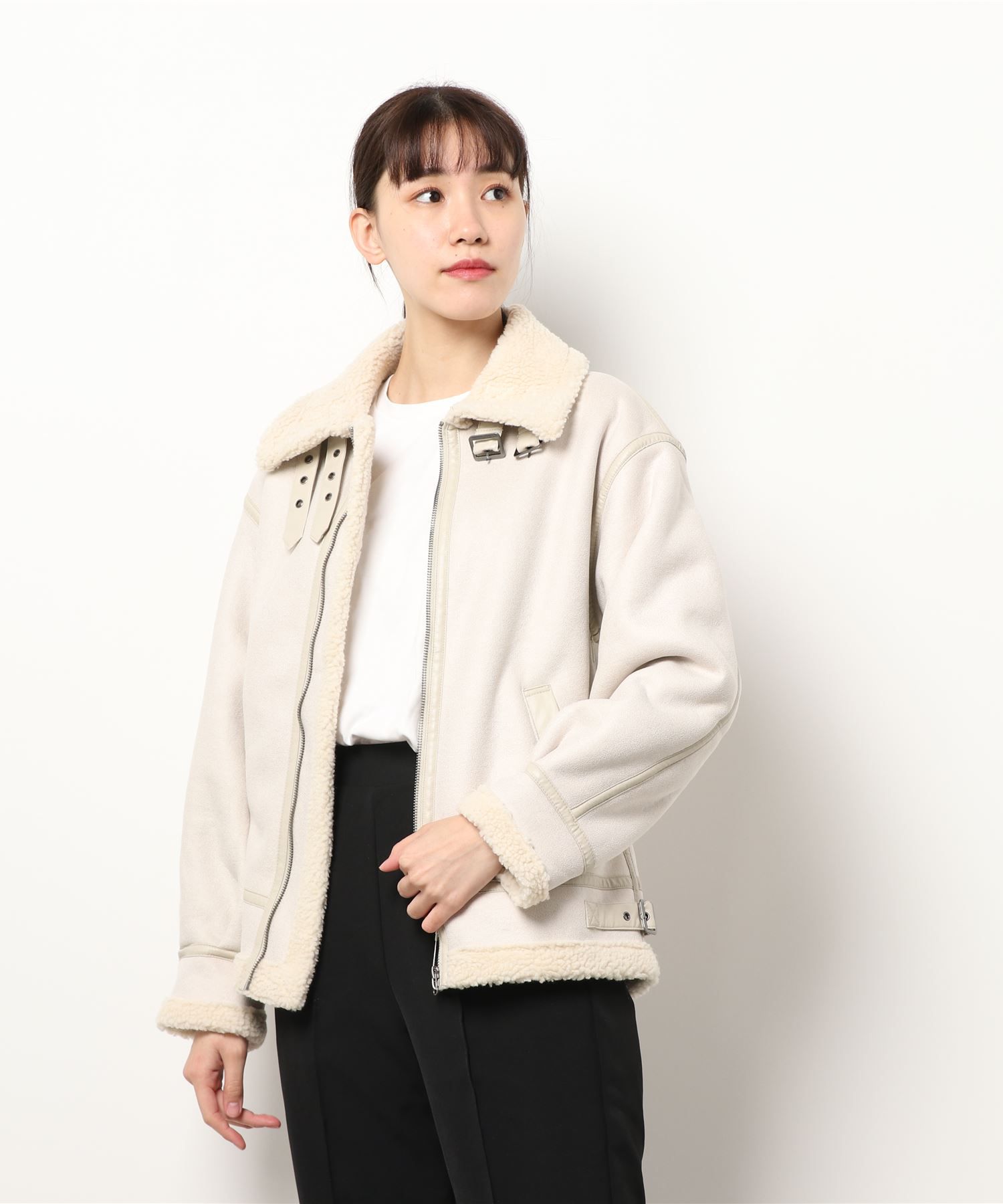 日本 Riche Glamour - 麂皮撞色羊羔絨保暖外套-咖啡