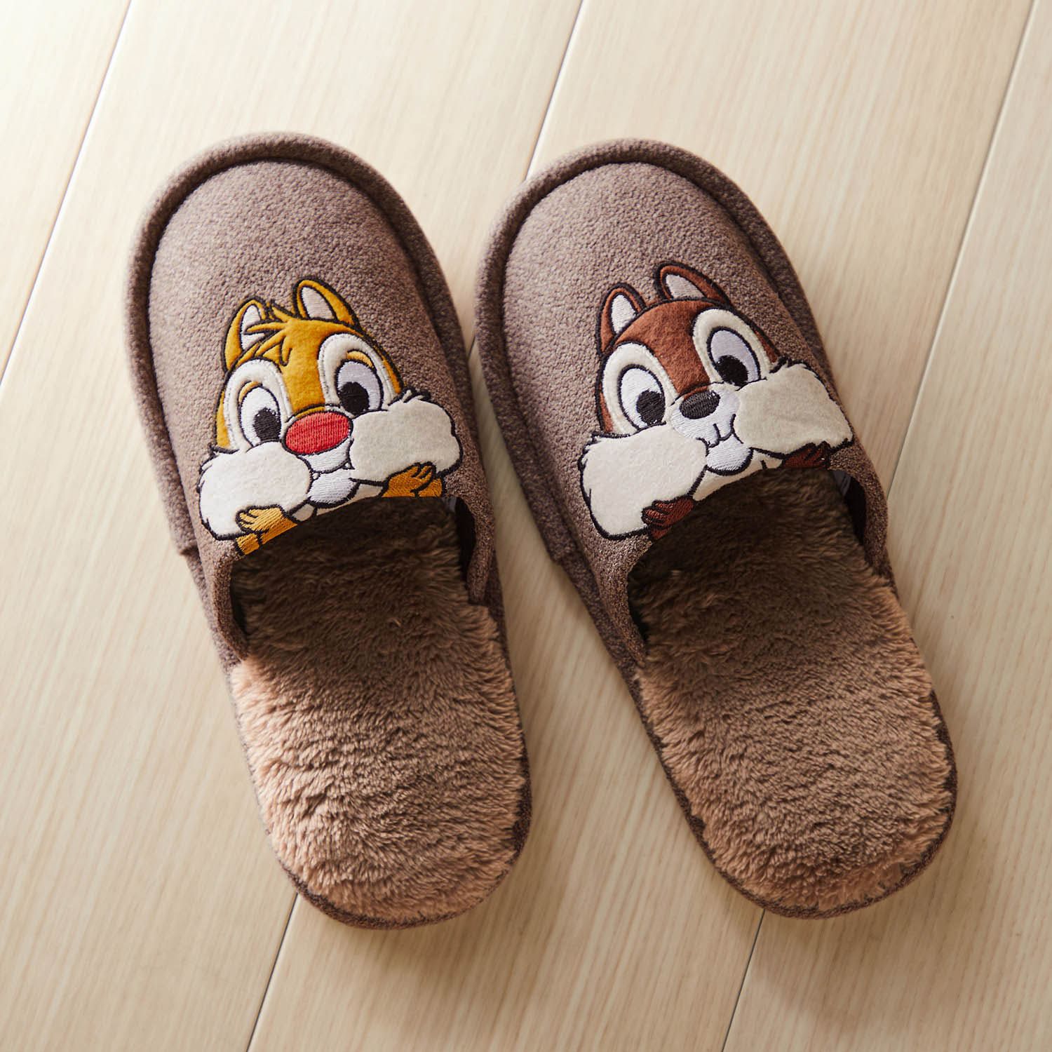 日本千趣會 - 迪士尼 刷毛保暖室內拖鞋-奇奇蒂蒂-深可可 (M(22-24cm))