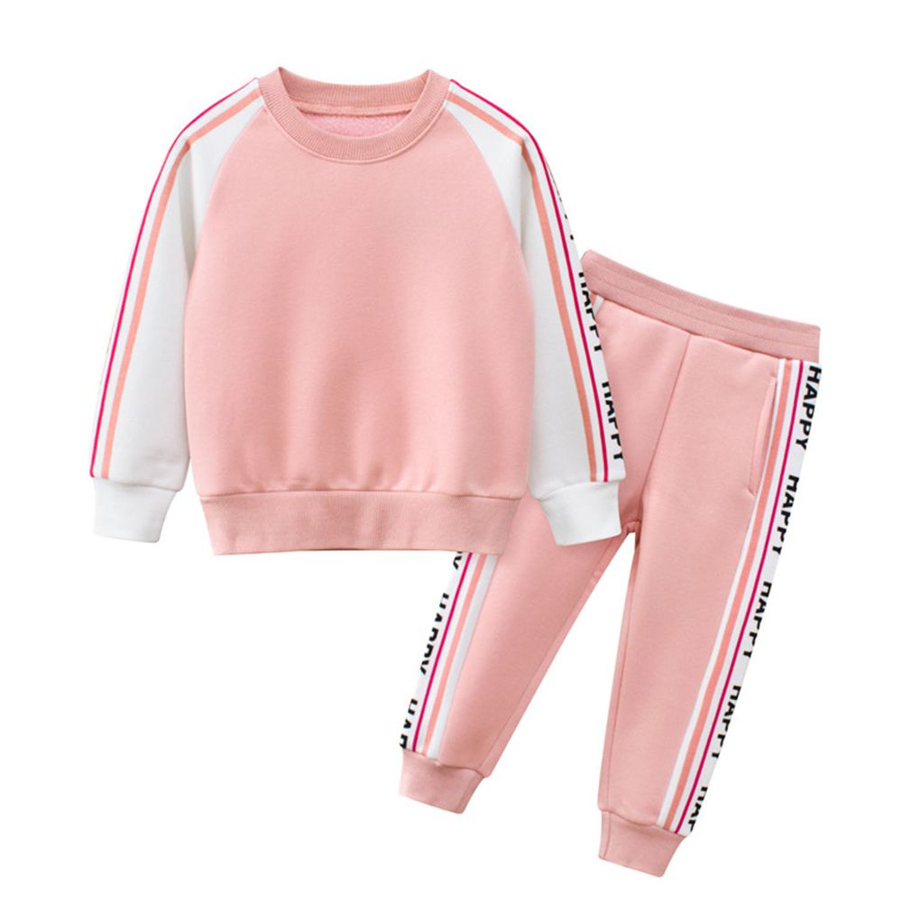 加絨棉質長袖運動套裝-字母-粉色