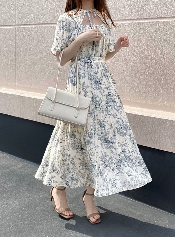 日本 GRL - 前後2WAY扭結印花洋裝-深藍