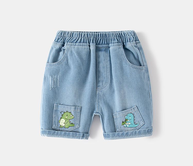 WELLKIDS - 腰鬆緊休閒牛仔五分褲-恐龍-淺藍色