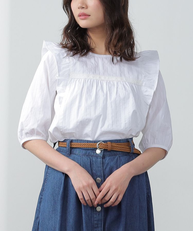 日本 Honeys - 純棉浪漫荷葉飛飛袖七分袖上衣-黃綠