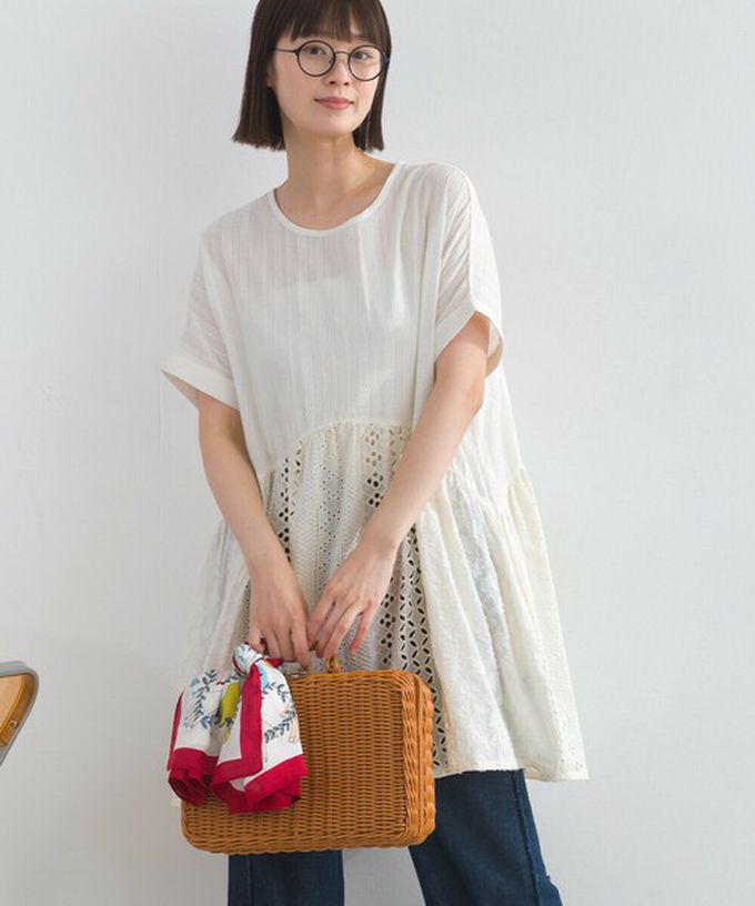 日本 Lupilien - 100%印度棉 柔美緹花長版短袖上衣-炭灰