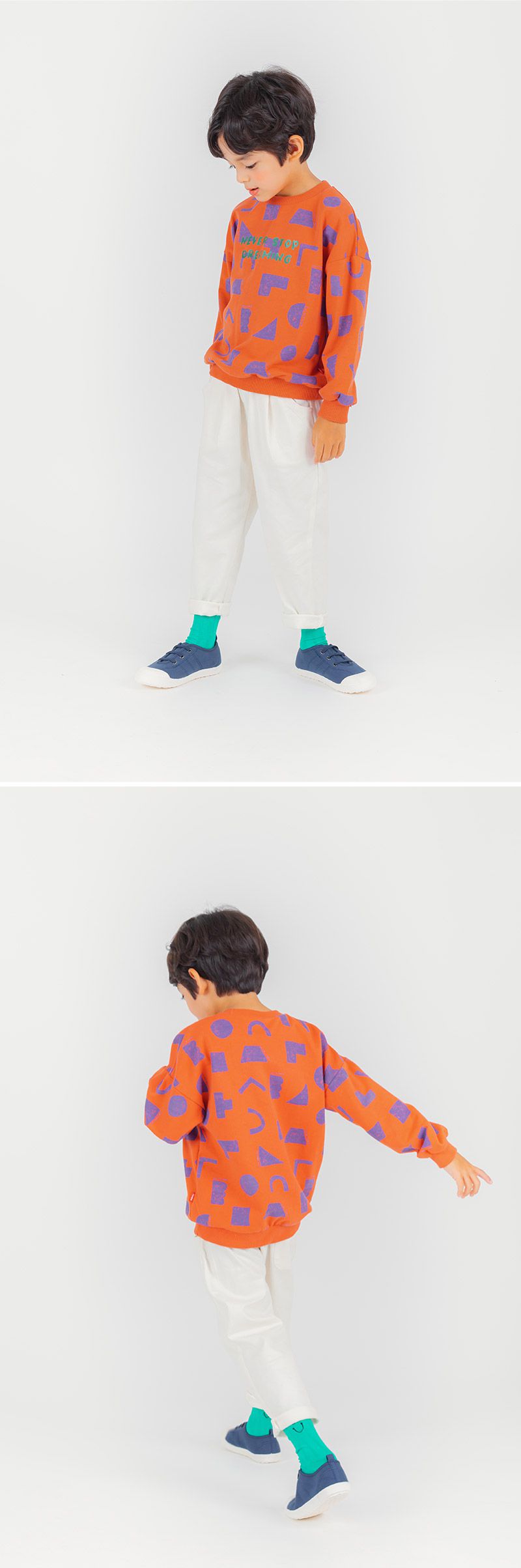 韓國 OZKIZ - 幾盒積木印長袖大學T-橘