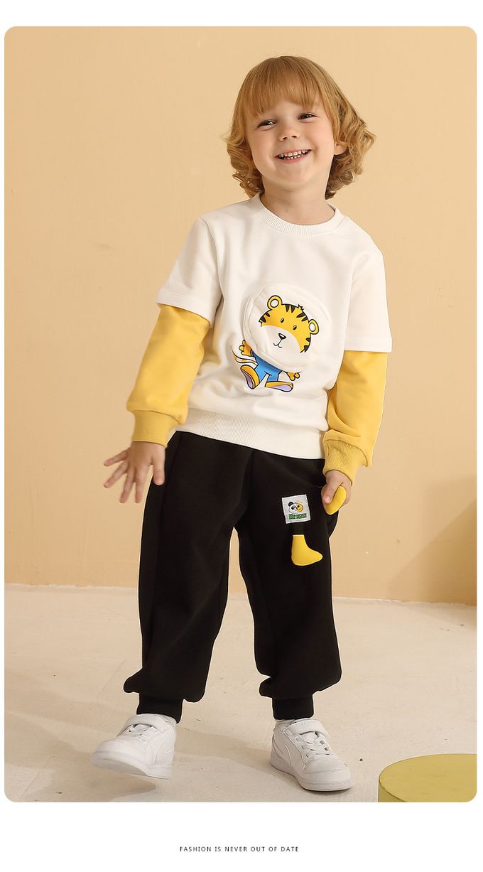 圓領假兩件長袖上衣-老虎印花-橘+黑色