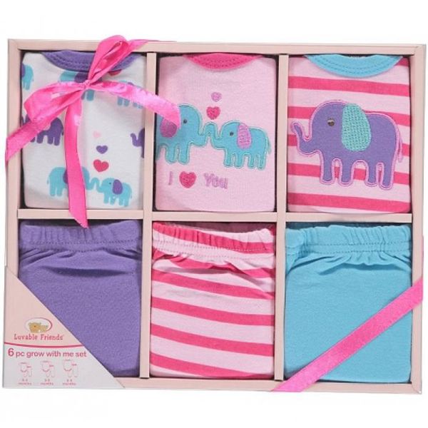 美國 Luvable Friends - 甜蜜寶貝嬰幼兒包屁衣與長褲最佳送禮 6入彌月禮盒組-粉色親親大象 (0-9M)