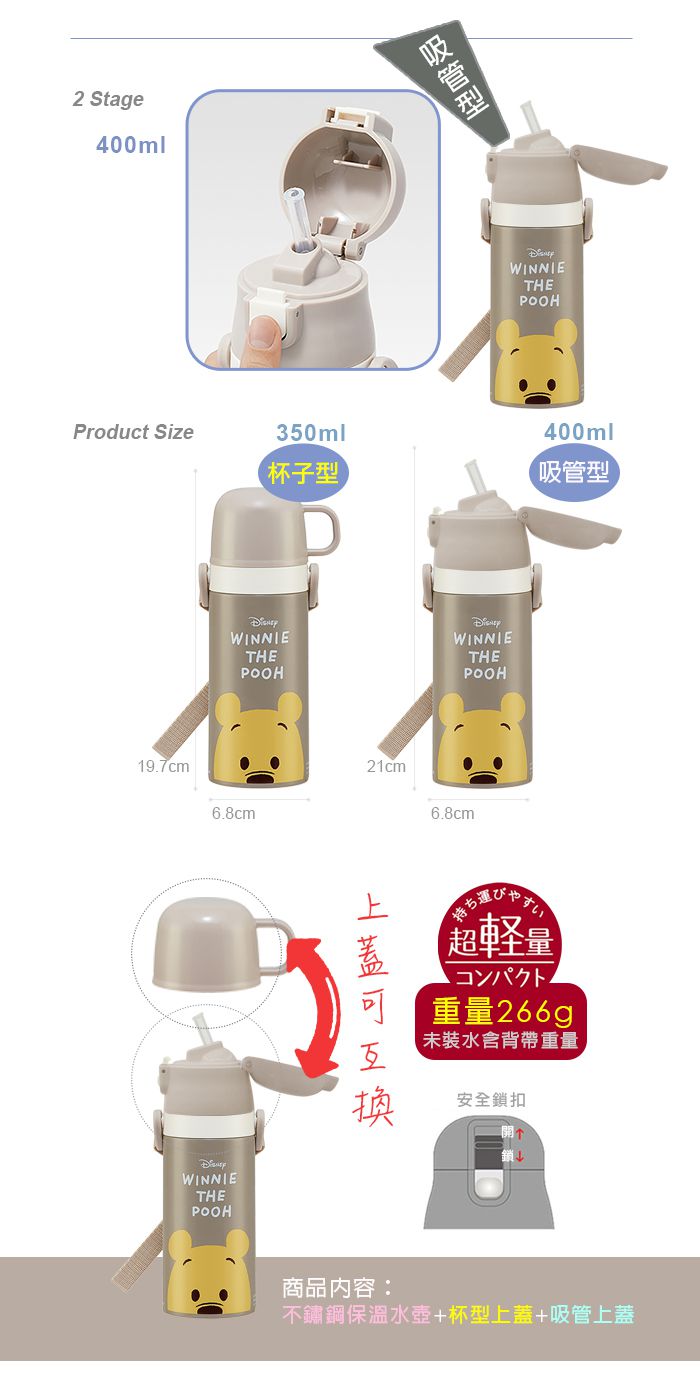 日本 SKATER - 兒童不鏽鋼保溫水壺(吸管400ml+杯蓋組)-小熊維尼