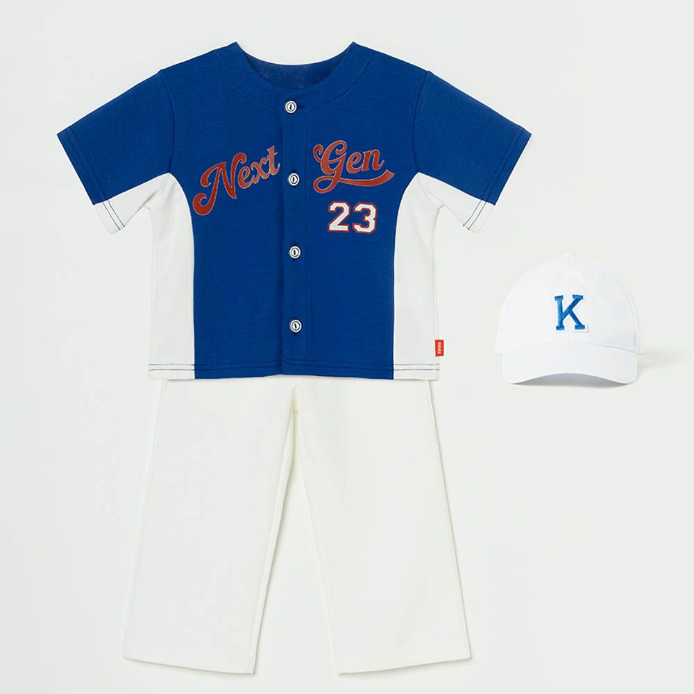 裝扮棒球選手短袖長褲套裝(附帽子)-深藍X白