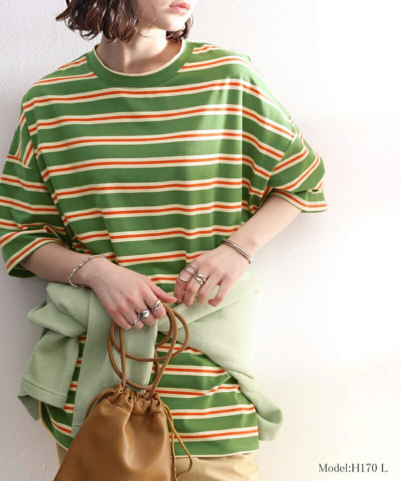 日本 Classical Elf - 圓領橫條紋落肩短袖上衣-淺卡其