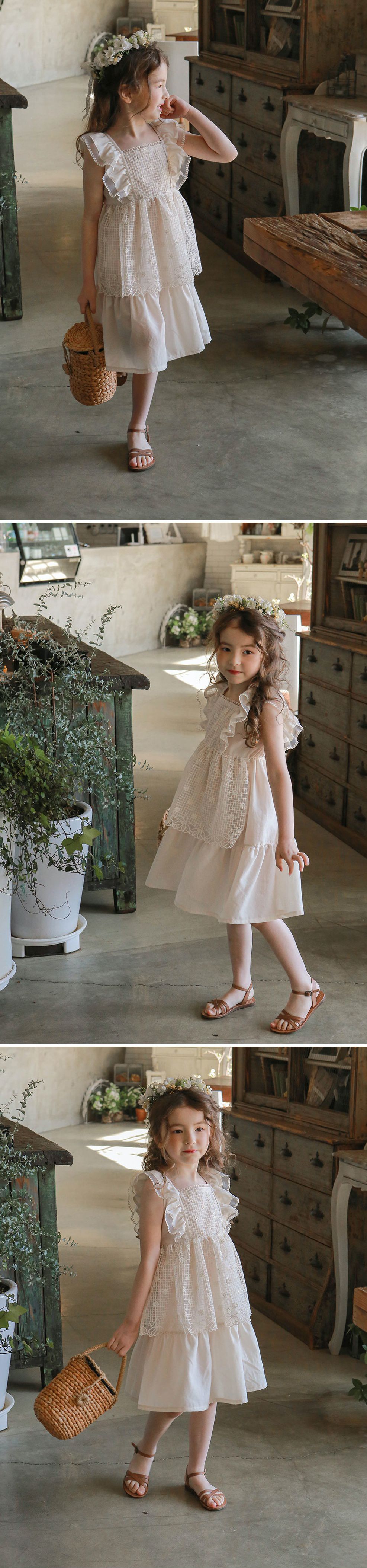 韓國 PuellaFLO - 假兩件格子花朵圍裙洋裝-米白