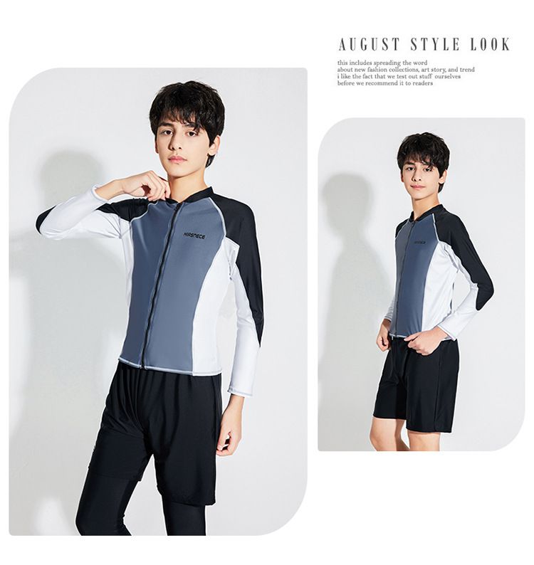 大童男孩長袖泳衣套裝(三件組)-拼色款-黑+白+紫-泳衣、長泳褲、短泳褲