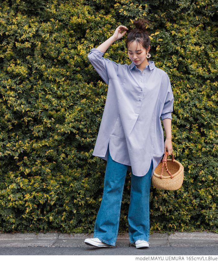 日本 COCA - 質感翻領排扣中長版襯衫-深灰