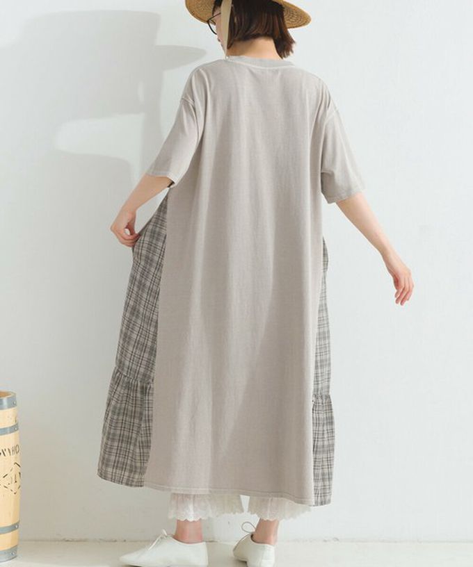 日本 Lupilien - 復古寬鬆格紋拼接短袖洋裝-BETTER-水藍