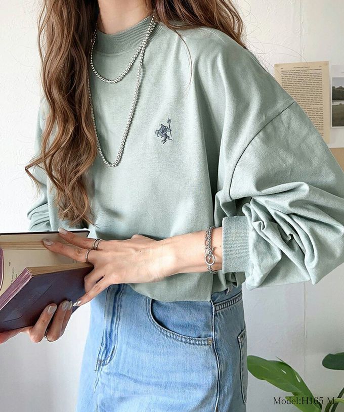 日本 Classical Elf - 百搭logo刺繡微立領長袖上衣-米白