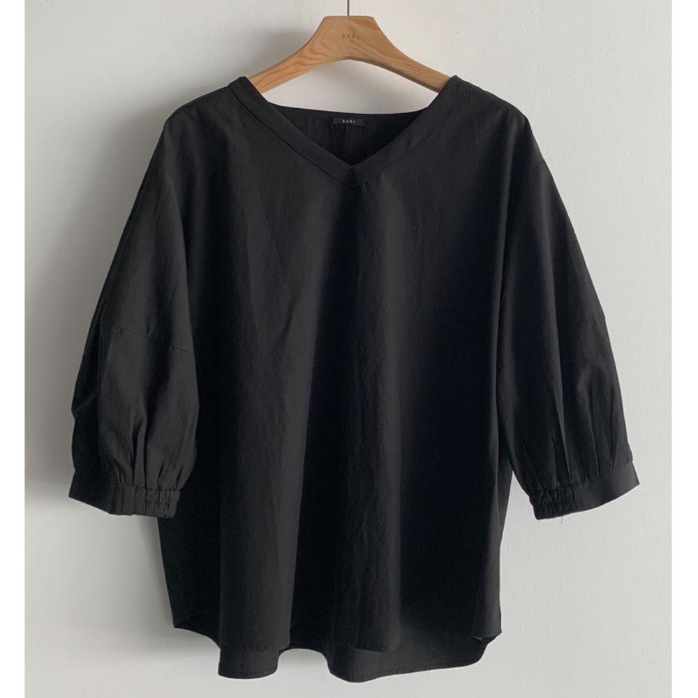 韓國女裝連線 - 美型V領拼接七分袖襯衫-黑 (FREE)