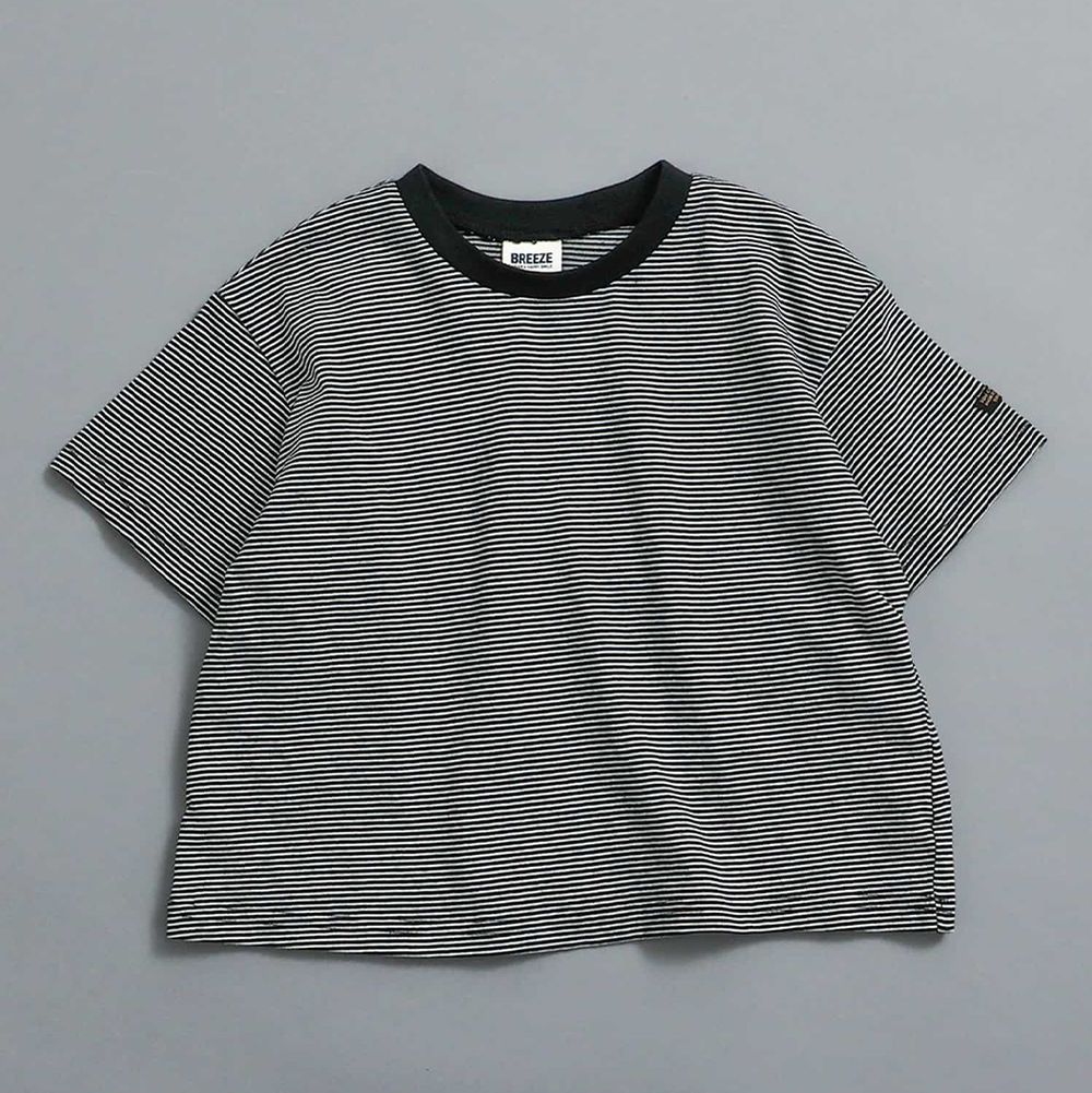 純棉百搭定番短袖上衣-細條紋-炭黑x黑領