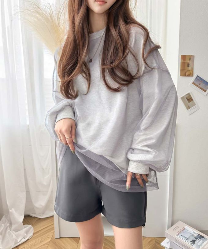 日本 Classical Elf - Java 透膚薄紗層次上衣-背後標籤印花-燕麥灰