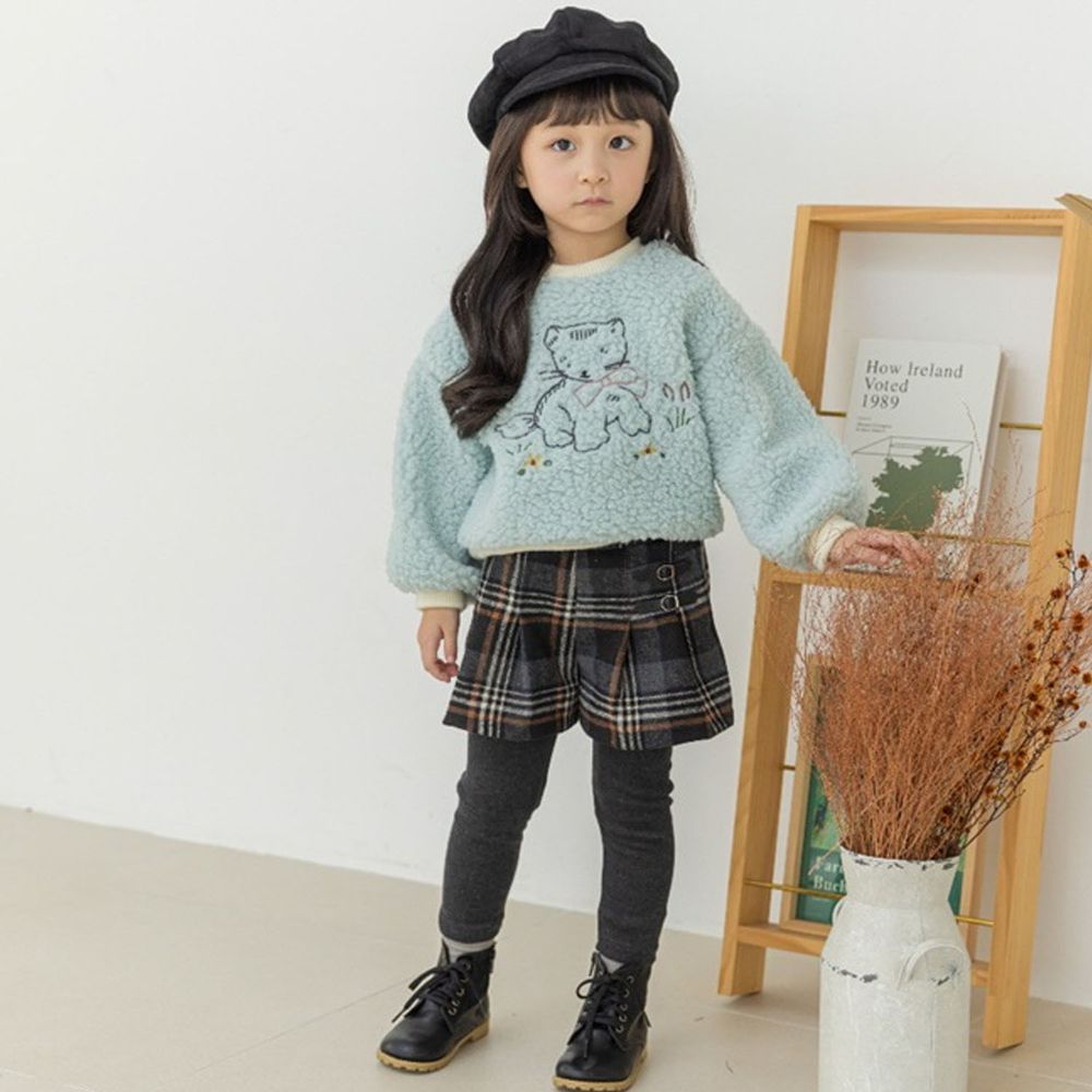 韓國 Orange Mom - 小貓咪格子褲裙套裝-薄荷綠上衣X深灰褲裙