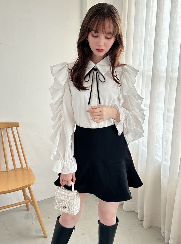 日本 GRL - 華麗荷葉袖翻領長袖襯衫-白 (F)