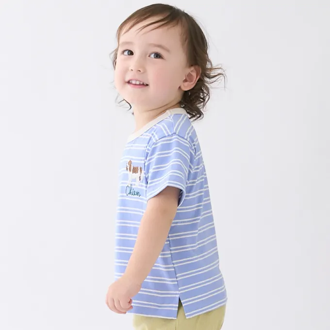 日本 petit main - 100%棉 可愛百搭短袖上衣-胸前海豚-黃綠