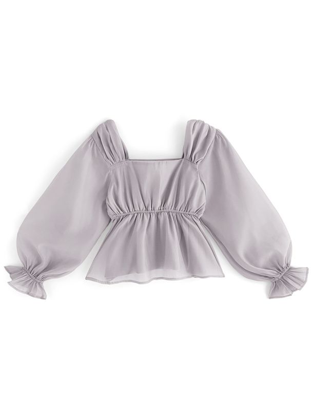 日本 GRL - 優美方領薄紗拼接收腰上衣-米杏 (F)