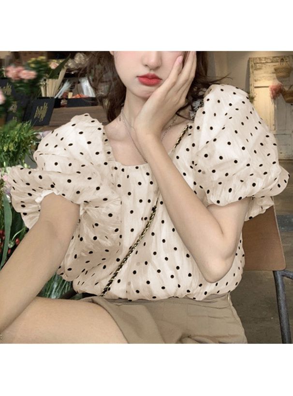 日本 GRL - 法式方領點點泡泡袖上衣-石墨灰 (M)