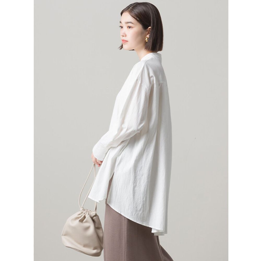 日本 OMNES - 純棉質感前短後長寬鬆圓領長袖襯衫-白 (F)