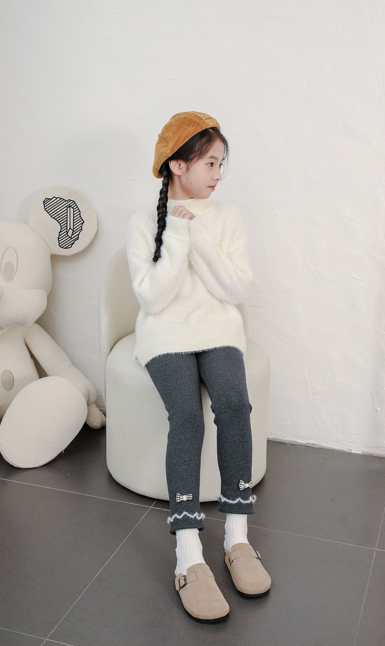 FANMOU - 加絨腰鬆緊兒童內搭褲-木耳邊蝴蝶結-深灰色