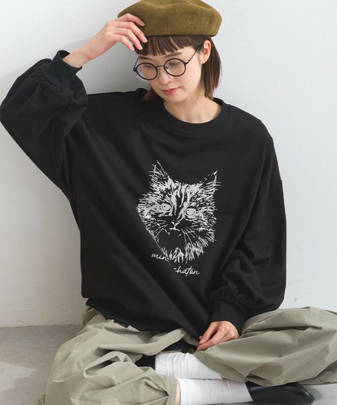 日本 Lupilien - 線條貓咪印花裏毛長袖上衣-酒紅