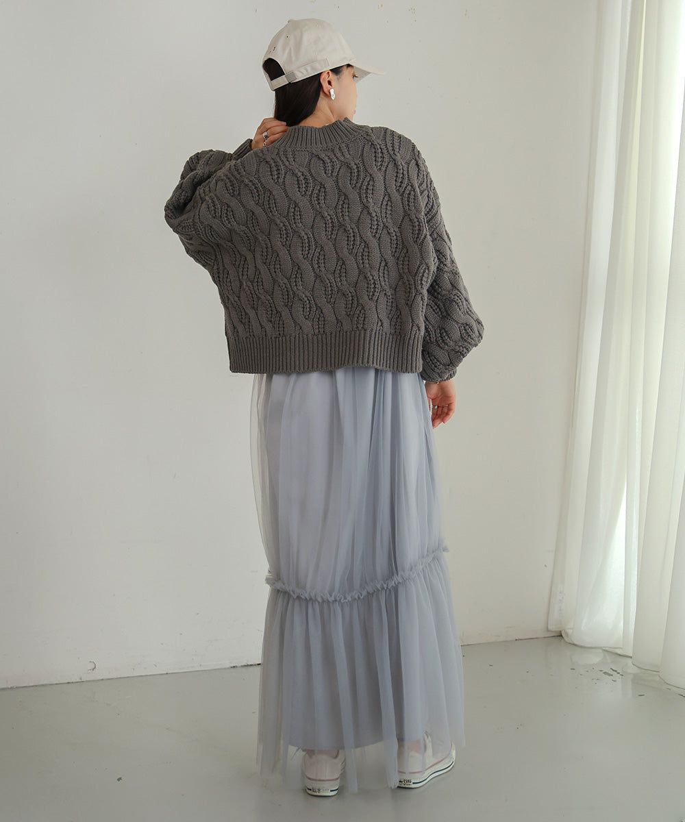 日本 Bab - 麻花編織圓領泡泡袖毛衣-粉膚