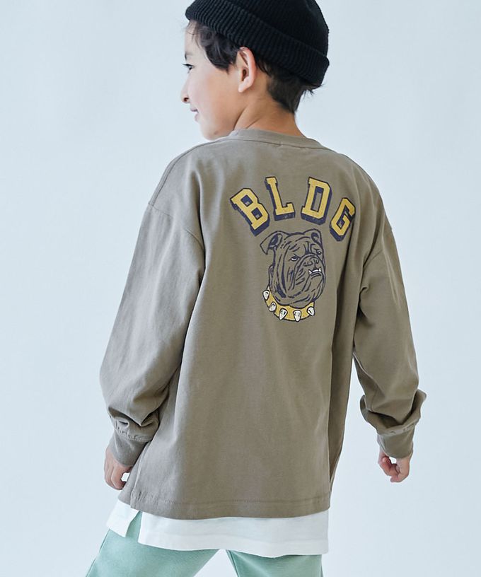 日本 devirock - 100%棉 定番印花寬版長袖上衣-背後狗狗-粉紫