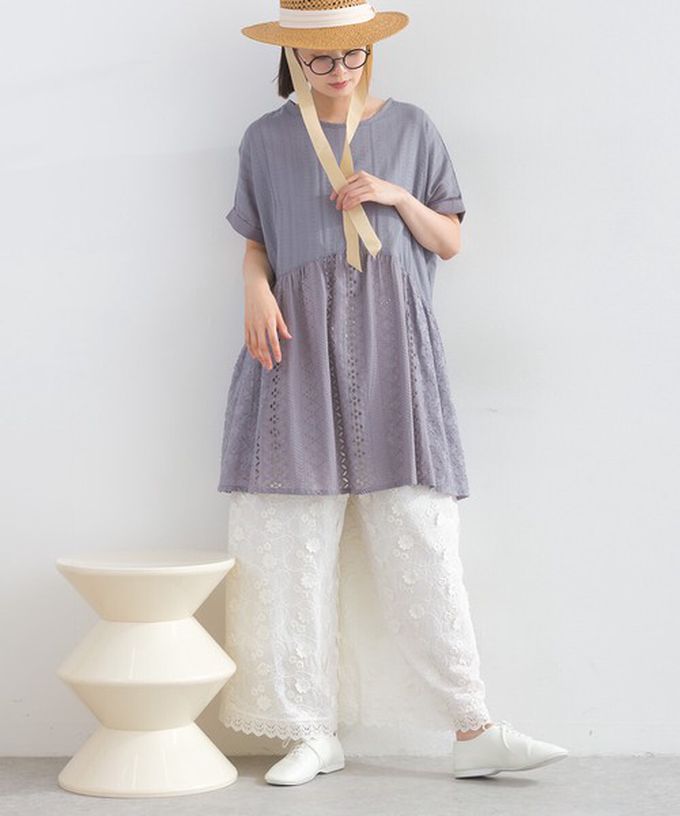 日本 Lupilien - 100%印度棉 柔美緹花長版短袖上衣-桃紅