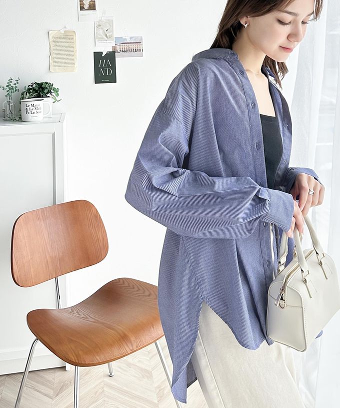 日本 Classical Elf - 前短後長知性寬版長袖襯衫-logo刺繡-藍白條紋