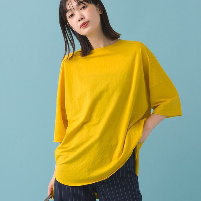 日本 OMNES - 接觸冷感 嫘縈寬版圓領五分袖上衣-海軍藍