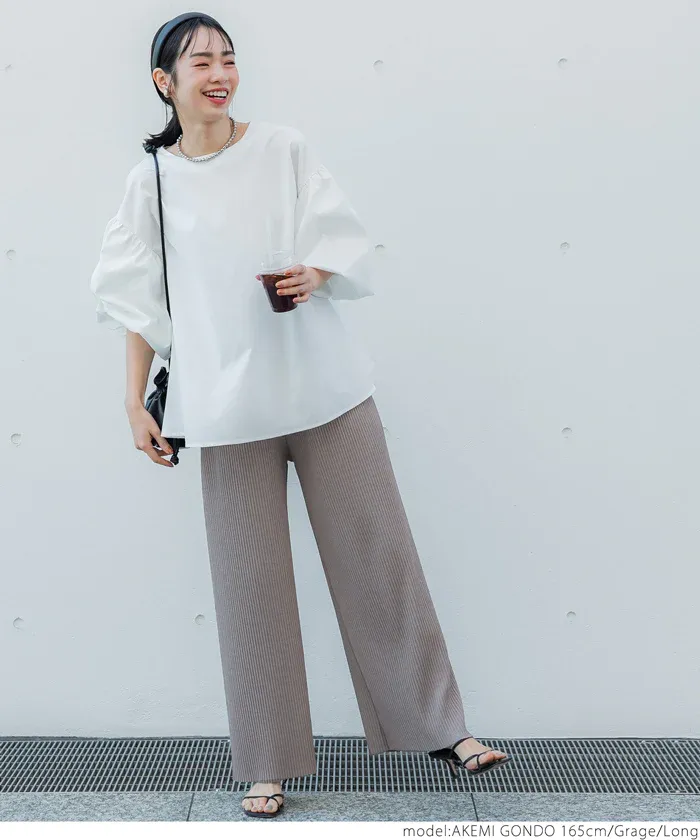 日本 COCA - [可剪裁] 速乾垂墜彈性風琴寬褲-淺灰棕