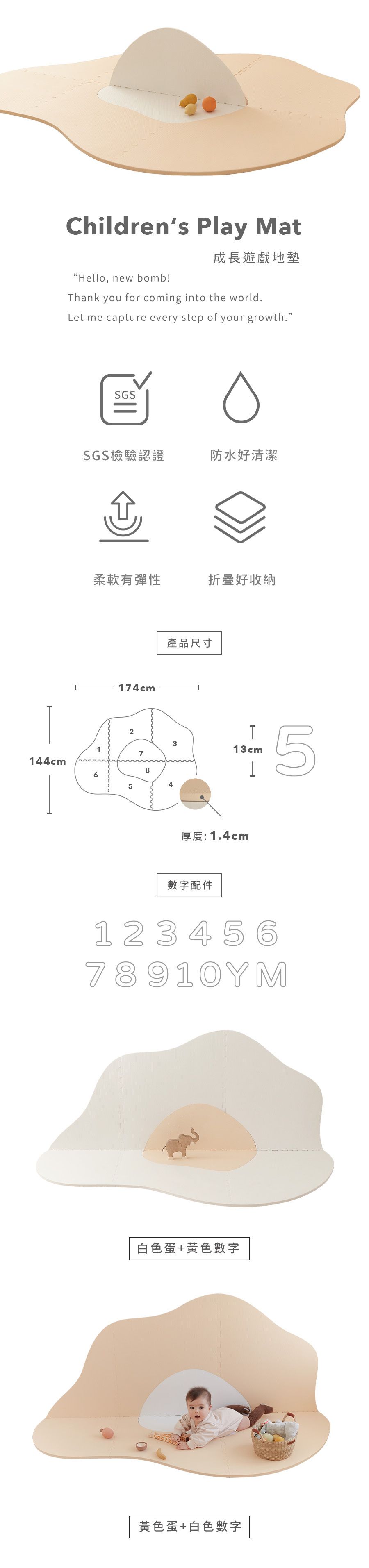 Pato.Pato - Hello New Bomb ! 成長遊戲地墊-荷包蛋-白色蛋+黃色數字 (174x144x厚度1.4cm)