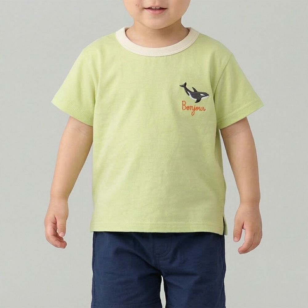 100%棉 可愛百搭短袖上衣-胸前海豚-黃綠