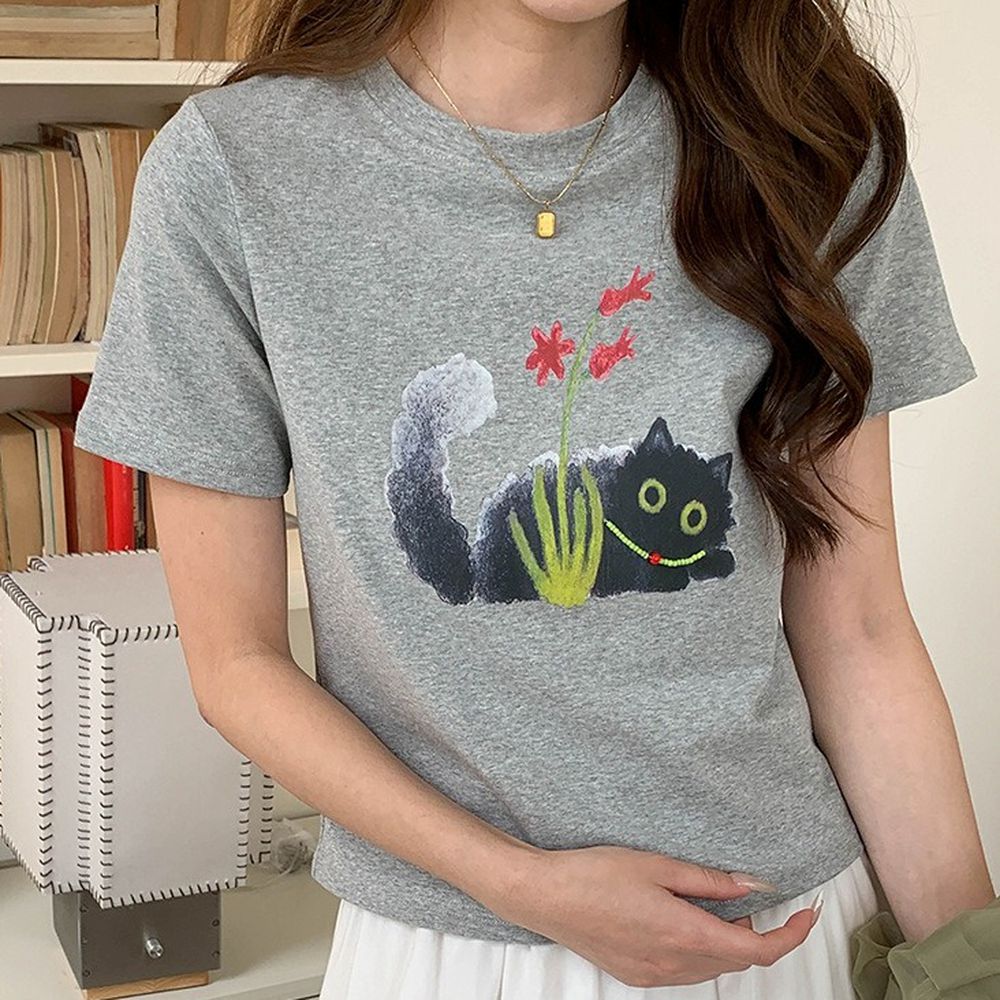 合身正肩短袖上衣-黑貓印花-灰 (F)