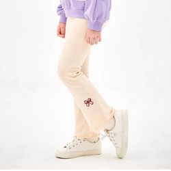 韓國 Jelispoon - 鬆緊腰刺繡蝴蝶結點綴小喇叭內搭褲-米