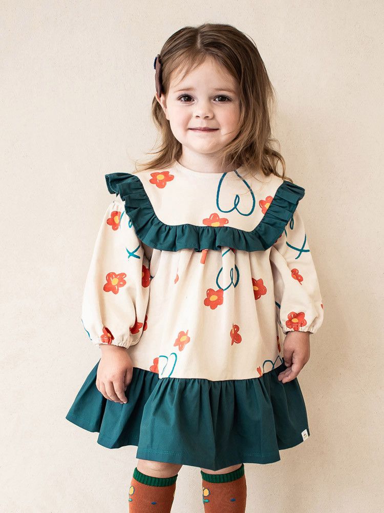 韓國Pimpollo - 微笑花朵荷葉邊洋裝-橘