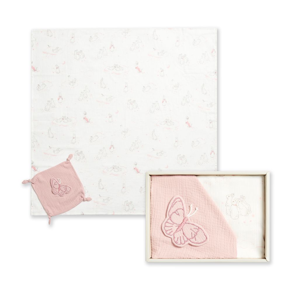 奇哥 - 比得兔天絲泡泡紗包巾安撫禮盒 120x120cm 2色選擇(包巾+安撫巾 寶寶新生兒禮 彌月禮 嬰兒禮盒)-粉色