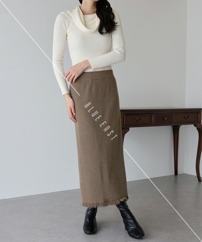 日本 BLUE EAST - 微閃亮羅紋針織流蘇開叉鉛筆裙-灰