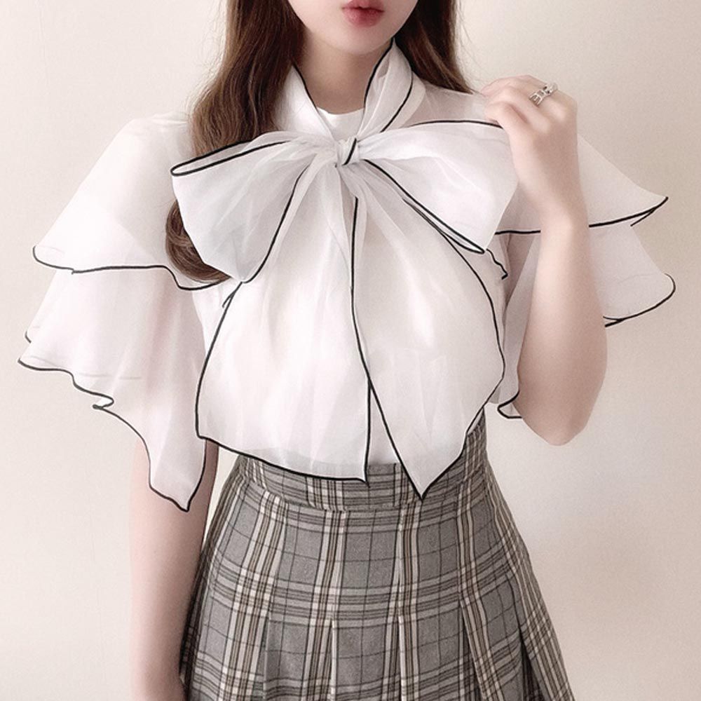 日本 GRL - 浪漫無限薄紗扭結短袖上衣-白x黑 (F)