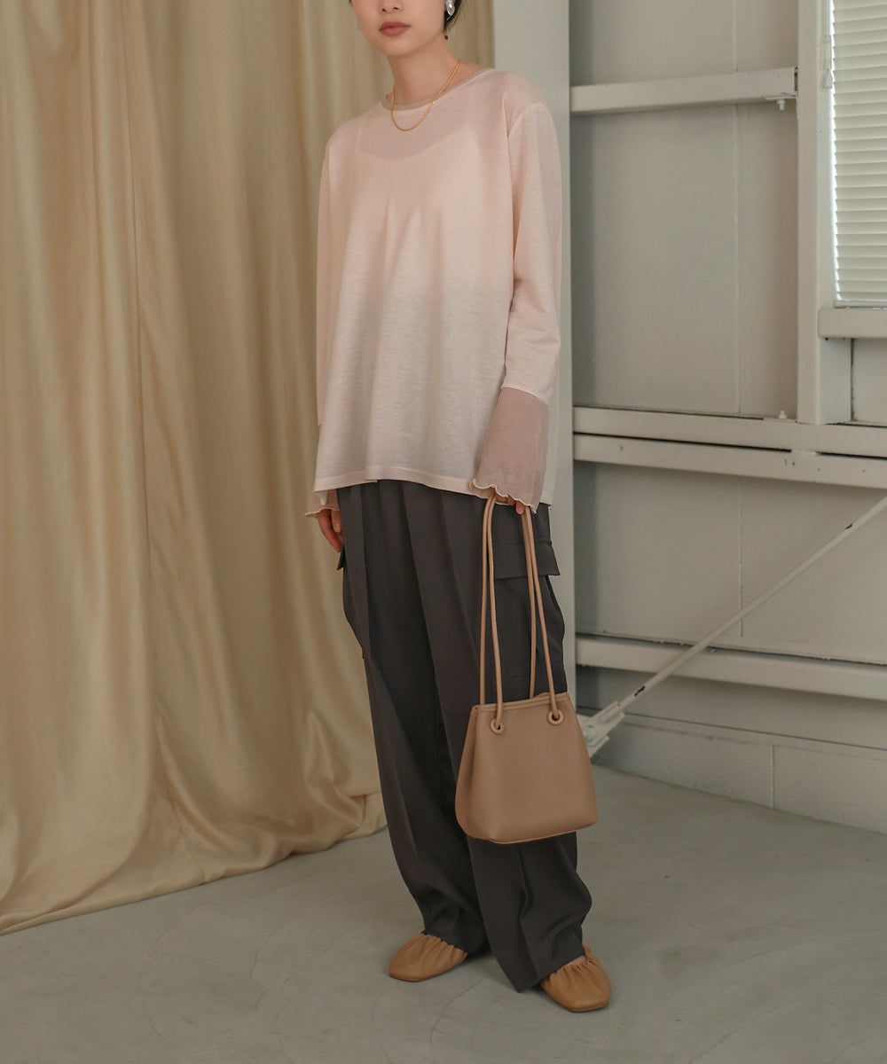 日本 Bab - 楊柳拼接珍珠薄長袖上衣-米杏