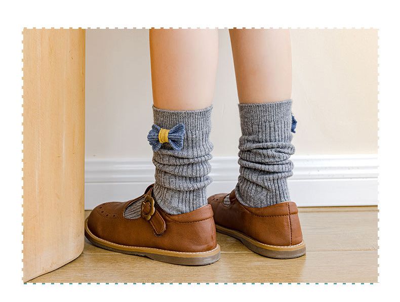 兒童麻花蝴蝶結中筒襪-灰色 (ONE SIZE (建議腳長16-21cm))