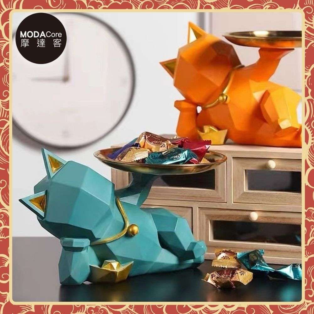 開運招財◉現代藝術綠色設計師斜躺捧金盤迎賓招財貓-開運喵星人擺飾 時尚藝術 事業開店禮品