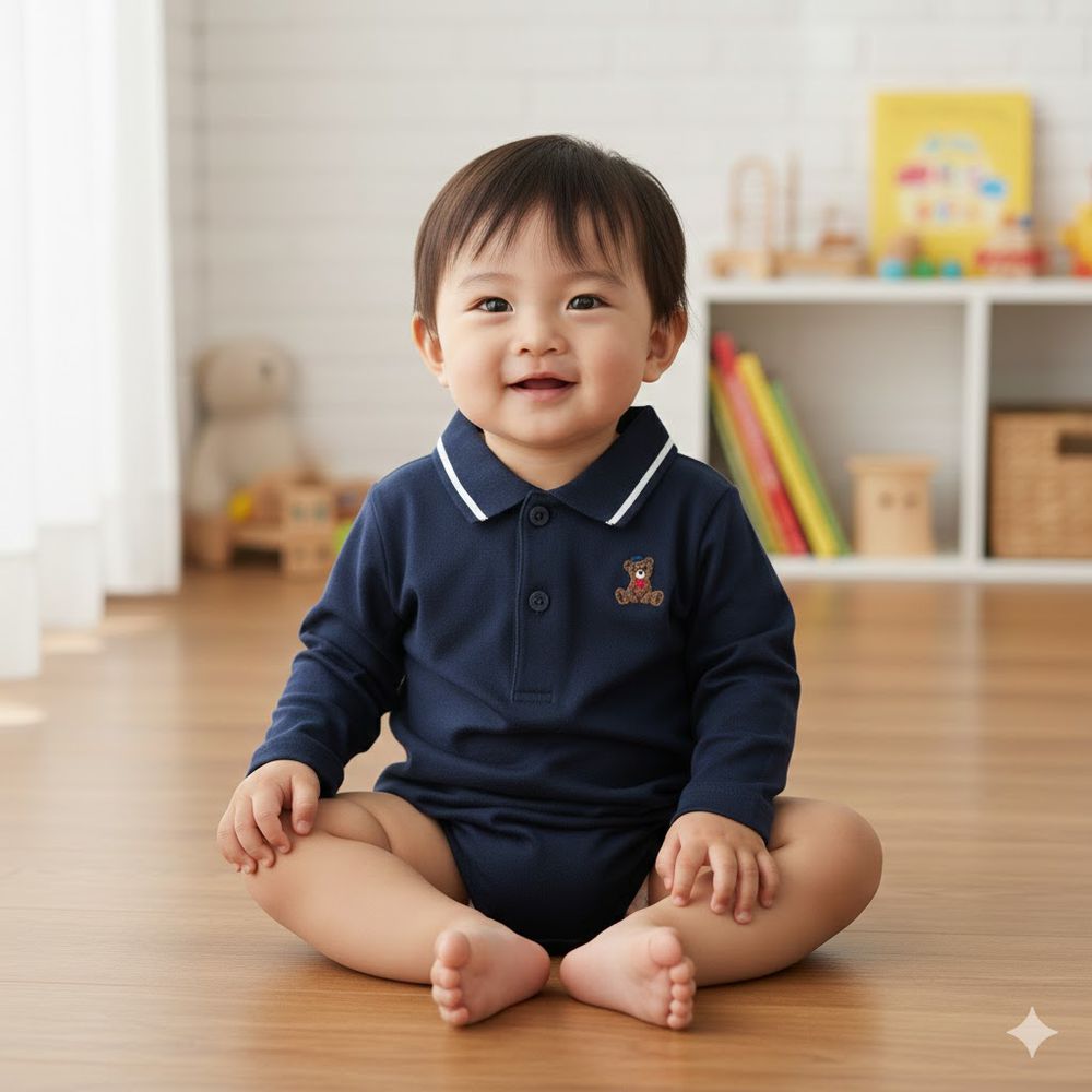 長袖有領外出包屁衣-深藍色